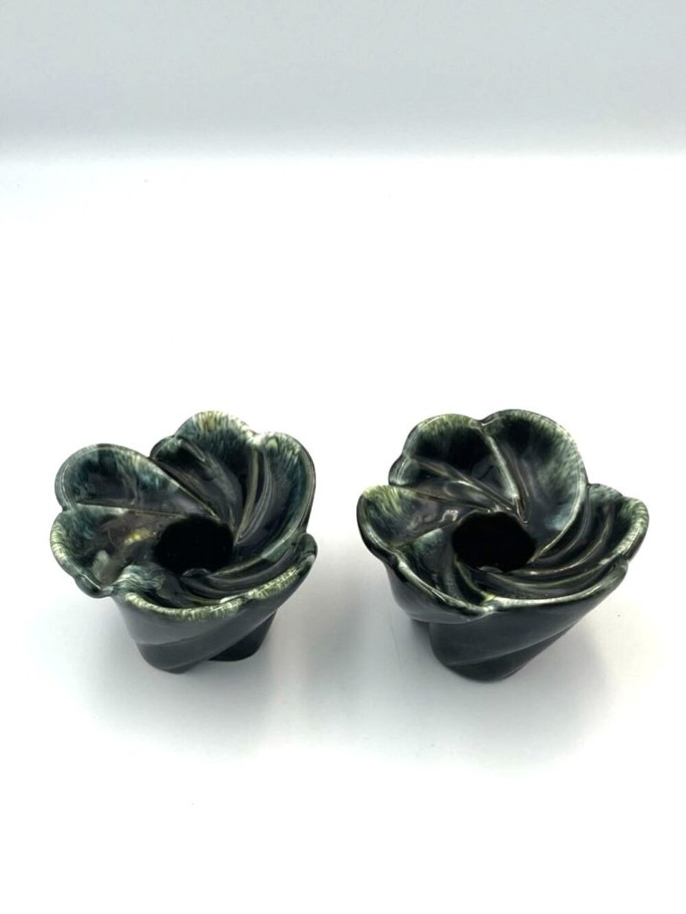 Ceramic Pottery Candle Stick Holders Leaf Flower Swirl Design MCM Vintage